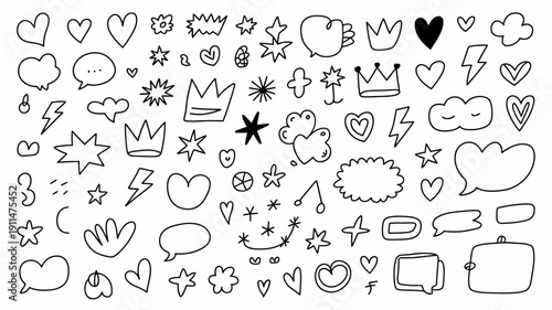A collection of hand drawn doodle elements including hearts stars crowns lightning bolts speech bubbles and various whimsical shapes high quality professional detailed modern elegant stylish