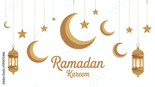 A golden crescent moon and stars hang above the word ramadan kareem symbolizing the islamic holy month of fasting and spiritual reflection high quality professional detailed