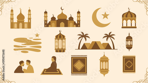 An illustration depicts various islamic symbols including mosques crescent moons lanterns palms and people praying all in a muted gold tone high quality professional detailed modern