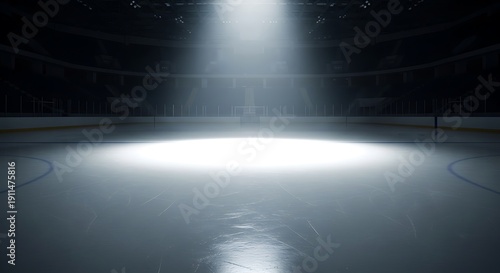 Empty ice hockey rink with spotlight shining down on center ice