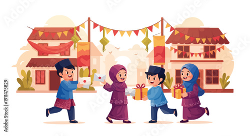 Illustration of a diverse group of people exchanging gifts and celebrating Eid Mubarak or Idul Fitri in a vibrant, festive neighborhood with traditional decorations and buildings.