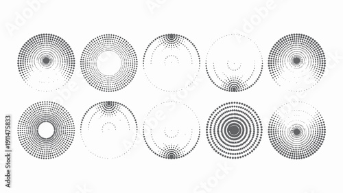 A monochrome arrangement displays nine circular patterns varying in density and design suggesting concentric rings and geometric forms high quality professional detailed modern elegant stylish clean