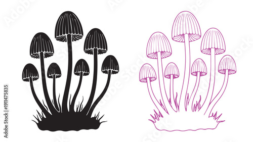 Stylized Fungi Illustration Set Featuring Detailed Outline and Solid Silhouette Styles