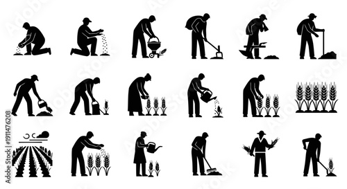 Minimalist black silhouette icon set featuring 12 different farmers planting wheat in a structured grid layout. Each icon presents a unique agricultural activity including scattering wheat seeds