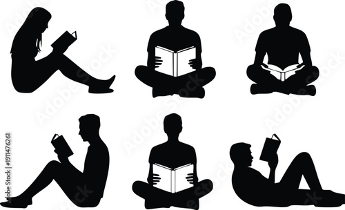Clean Illustration Representing Literacy and the Joy of Books, Minimalist Graphic of Readers Sitting, Lying Down, and Cross-Legged, vector, illustration, silhouette