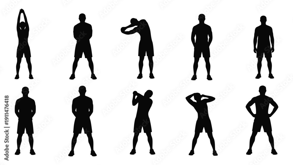 Fototapeta premium A collection of eight black silhouettes of people performing various exercises. Vector