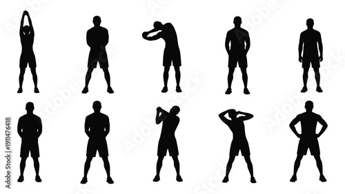A collection of eight black silhouettes of people performing various exercises. Vector