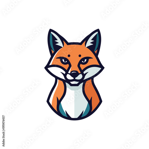 Vector illustration of a fox head with sharp features and vibrant colors, sitting in a minimalist environment, viewed from the front, as seen in r94.eps