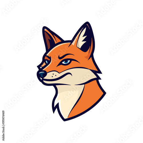 Illustration of a fox head with sharp features and vibrant orange fur in a simple, vector art style.