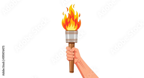 A vibrant illustration of a hand firmly gripping a wooden torch with a bright flame, representing leadership, success, and the Olympic spirit.