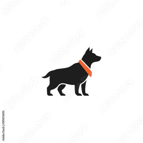 Vector illustration of a dog wearing an orange collar standing on white background, r84.eps reference, simple design