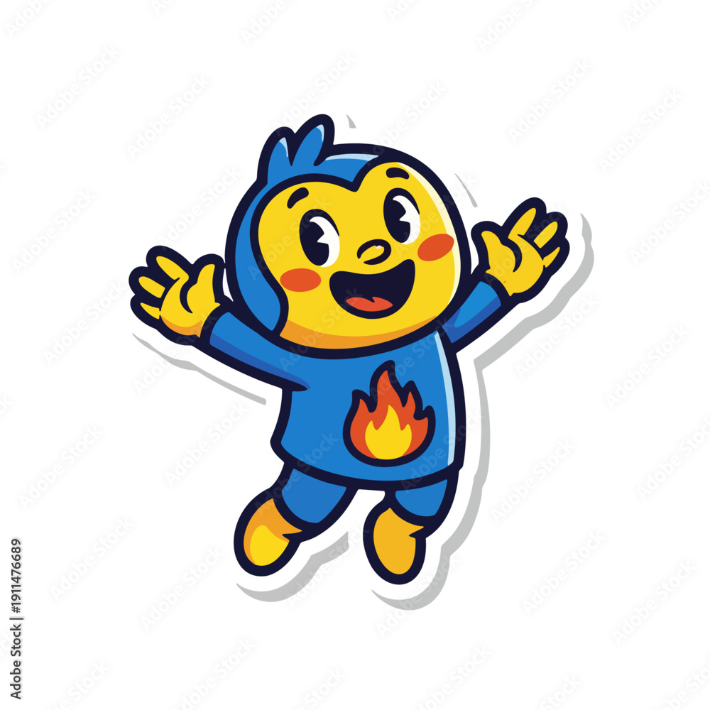 Naklejka premium A cartoon character wearing blue clothing and a flame emblem is jumping with arms outstretched happily illustrated in r46.eps style.