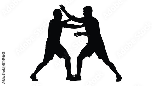 Two silhouetted figures engaged in a dynamic physical confrontation. Vector