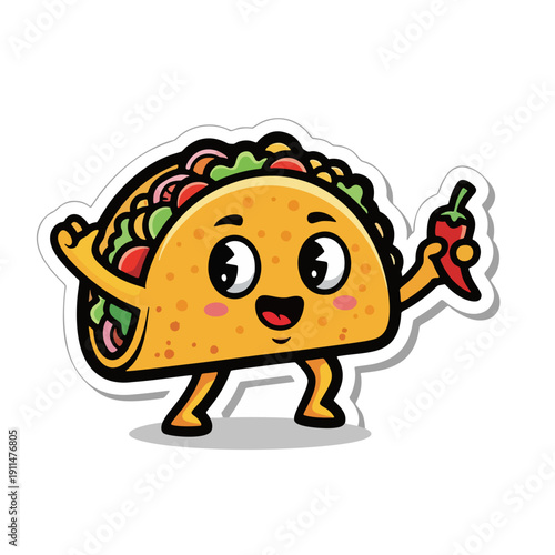 A cartoon taco character running with a chili pepper in hand, showcasing a fun and lively illustration for food enthusiasts everywhere happily.