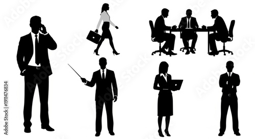 High-contrast black silhouettes of business professionals in various poses: talking on a phone, walking with a briefcase, presenting, and shaking hands.