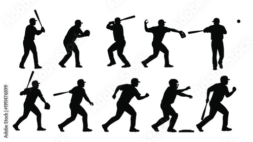 Silhouettes of people playing baseball in a sequence of actions Vector