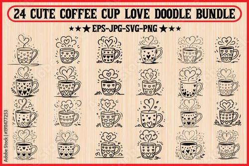 Collection of adorable coffee cup love doodles featuring various styles and designs Vector