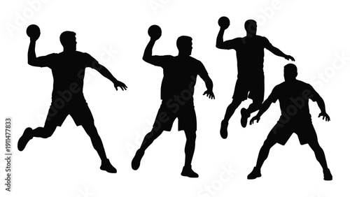 Silhouettes of athletes playing handball in dynamic action poses Vector