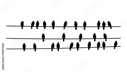 A group of birds perched on three parallel wires in a minimalist black and white illustration Vector