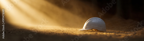White construction safety helmet placed on dusty ground with warm sunlight beam shining in dark tunnel