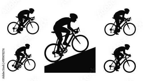 Group of cyclists riding on a road with an incline Vector