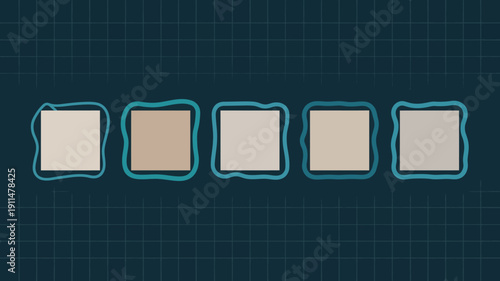 Five rectangular blocks with varying beige shades are arranged in a horizontal row each outlined with a vibrant teal border high quality professional detailed modern elegant