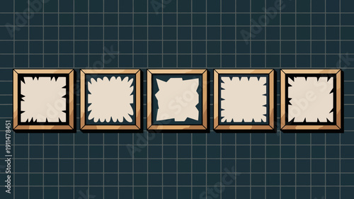 A row of five identical rectangular golden frames displaying torn blank white paper set against a dark blue grid background high quality professional detailed modern elegant