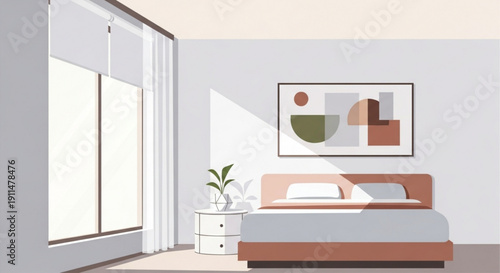 Modern bedroom interior with natural light streaming through large windows featuring a minimalist bed and abstract art ideal for home decor and lifestyle concepts