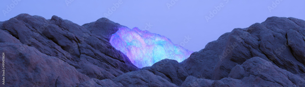 Obraz premium Giant glowing battery core embedded into rocky mountain face at dusk with blue and purple light shining brightly