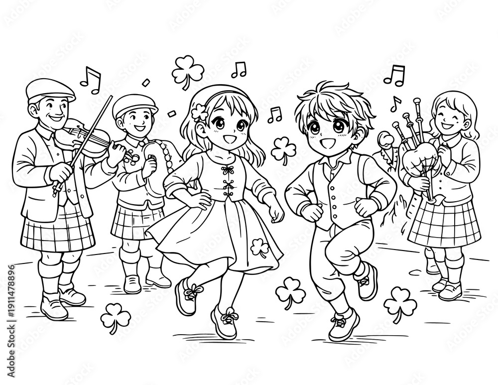 Naklejka premium The History of St. Patrick’s Day coloring pages for kids featuring Irish traditions and festive March celebration scenes. Black and white line art picture story pages perfect for classroom activities,