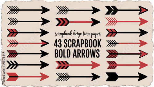 A collection of bold colorful arrows in red and black are arranged on a beige torn paper scrapbook background high quality professional detailed modern elegant stylish