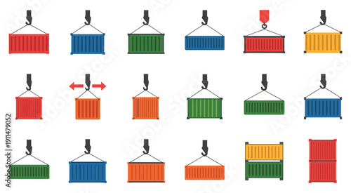 Colorful shipping containers suspended by cranes in a grid arrangement, industrial logistics and global trade concept, vibrant cargo boxes hanging in geometric pattern at port terminal