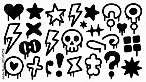 A collection of black whimsical doodle style icons and symbols are arranged closely together on a plain white background high quality professional detailed modern elegant stylish