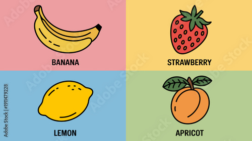 A colorful graphic displays four different fruits a banana strawberry lemon and apricot each on a distinct background high quality professional detailed modern elegant stylish clean