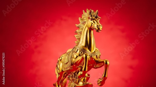 Wallpaper Mural Golden horse figurine in regal attire stands against a vibrant red background. Torontodigital.ca