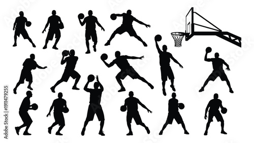 Silhouettes of basketball players in various dynamic poses and actions Vector