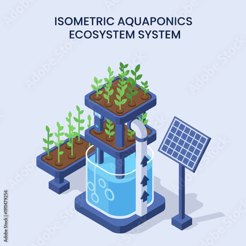 Isometric Aquaponics Ecosystem System with Plants.