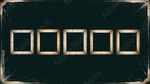 A dark textured background features five ornate empty frames arranged horizontally creating a sense of mystery high quality professional detailed modern elegant stylish clean crisp vibrant