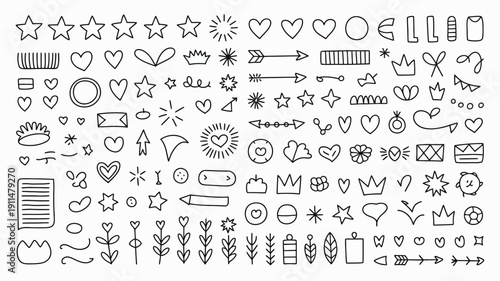 A collection of various hand drawn doodle elements is displayed including stars hearts arrows crowns and floral motifs in black and white high quality professional detailed