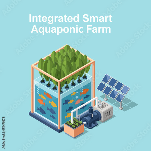 Aquaponic System with Solar Panels and Fish.