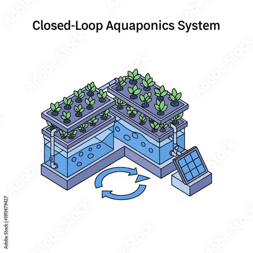 Closed Loop Aquaponics System Diagram Illustration.