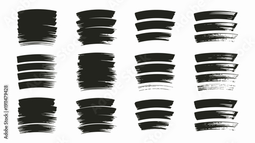 An arrangement of twelve distinct black brushstrokes in a grid pattern showcasing varied textures and directional orientations high quality professional detailed modern elegant stylish clean crisp