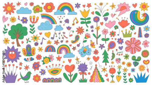 A vibrant collection of colorful cartoon illustrations depicts whimsical flowers trees rainbows hearts and cheerful suns on a white background high quality professional detailed modern elegant