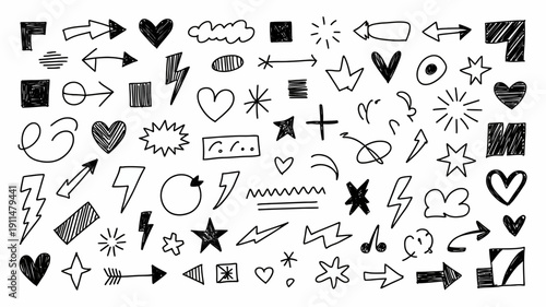 A collection of hand drawn black and white doodle elements including arrows hearts stars lightning bolts and various abstract shapes high quality professional detailed modern elegant