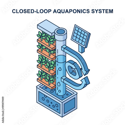 Closed Loop Aquaponics System Diagram Illustration.