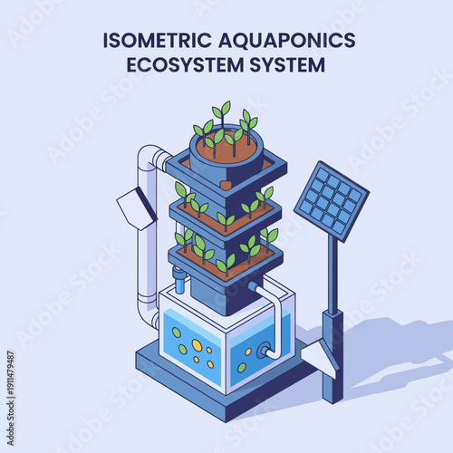 Isometric Aquaponics Ecosystem System Illustration.