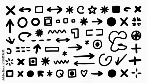 A dense collection of various black symbols and shapes are scattered across a white background creating a chaotic visual arrangement high quality professional detailed modern elegant
