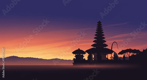 Serene Sunset Over Ancient Temple and Mountains, Exotic Travel Destination