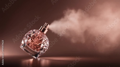 Luxury perfume bottle releasing fragrant mist into the air, viewed from a low angle on a reflective surface.