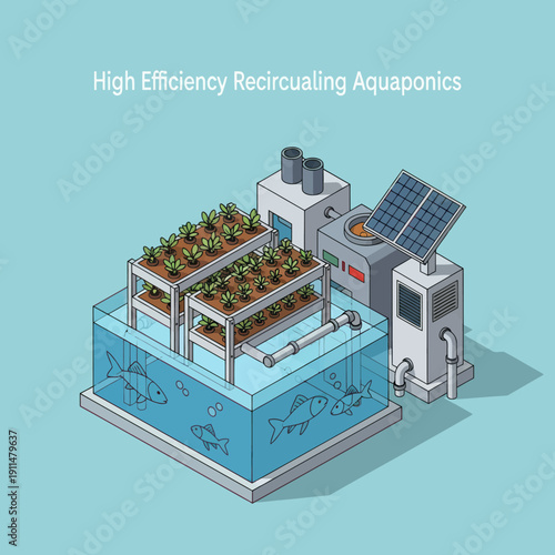 Aquaponics System with Solar Panels and Fish.